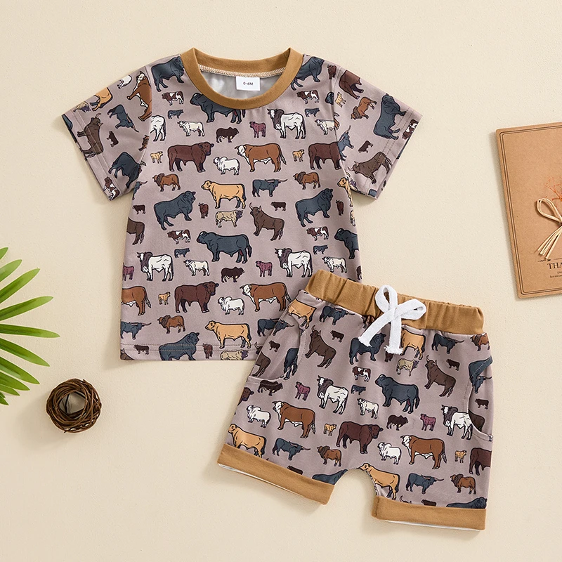 Western Toddler Baby Boy Clothes Horse T-Shirt Tops Cow Print Jogger Shorts Set Casual Summer Cowboy Outfit