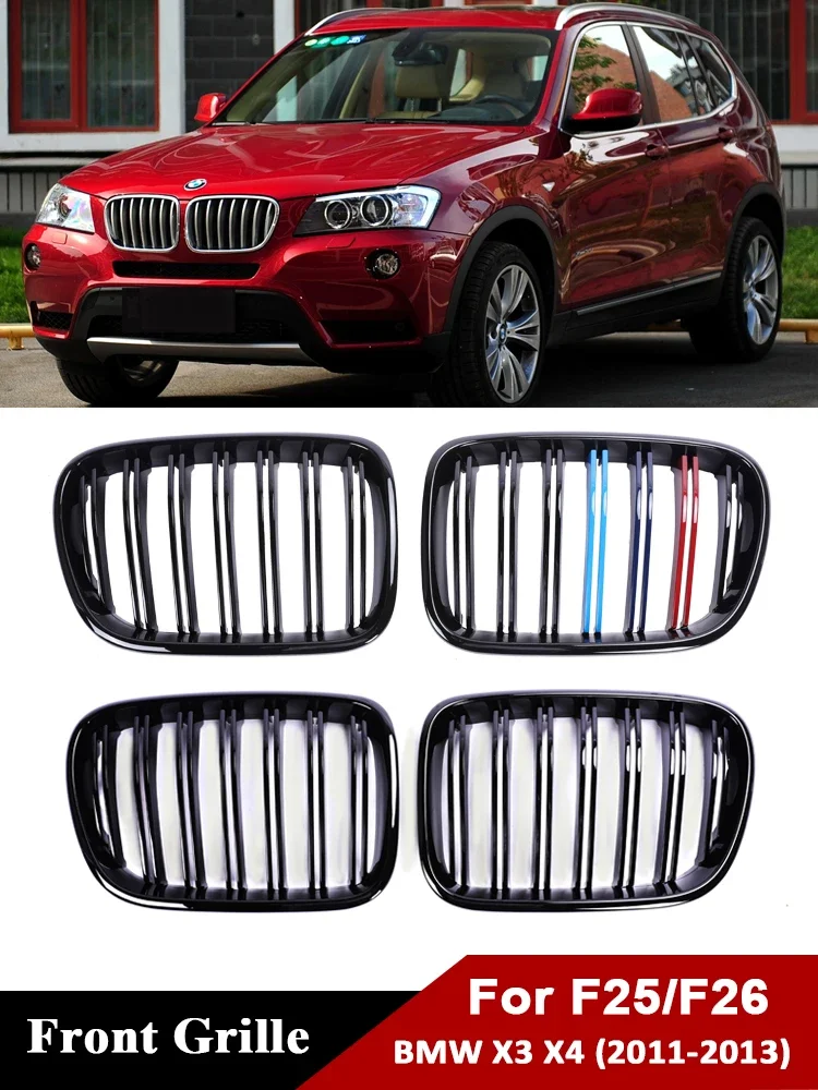 Front Kidney Bumper Chrome Black Grill Cover For BMW X3 X4 F25 F26 2010-2013Double Slat M Color Racing Refiting Grille X3M