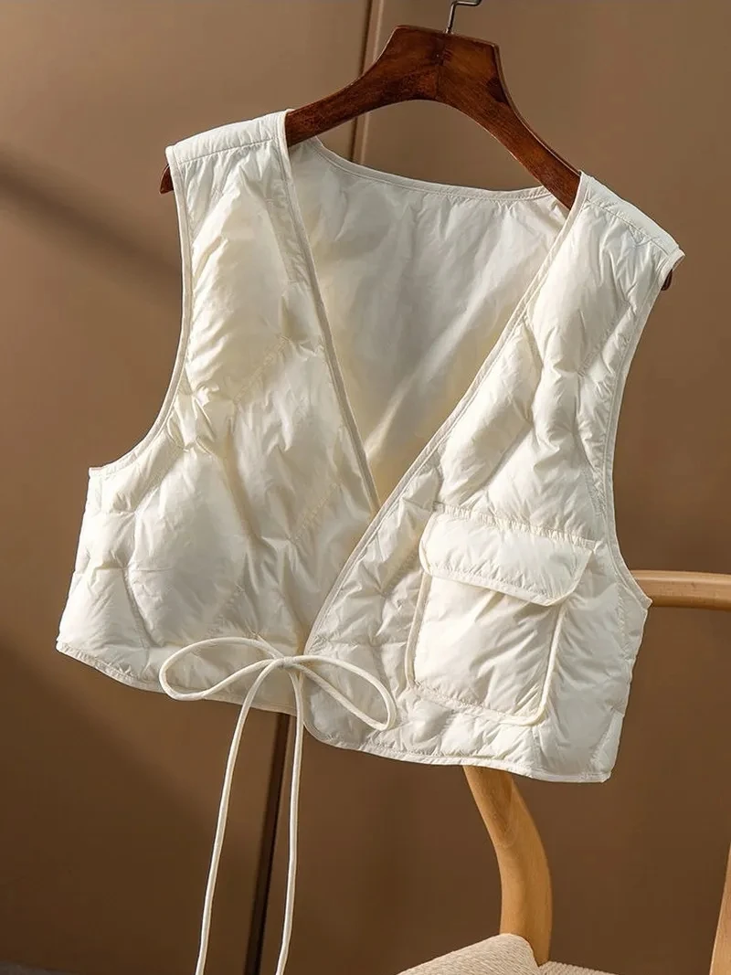 Korean Down Cotton Vest Jacket Women 2025 Autumn Winter V Neck Lace Up Sleeveless Tops Loose Casual Vintage Light Cropped Waistc