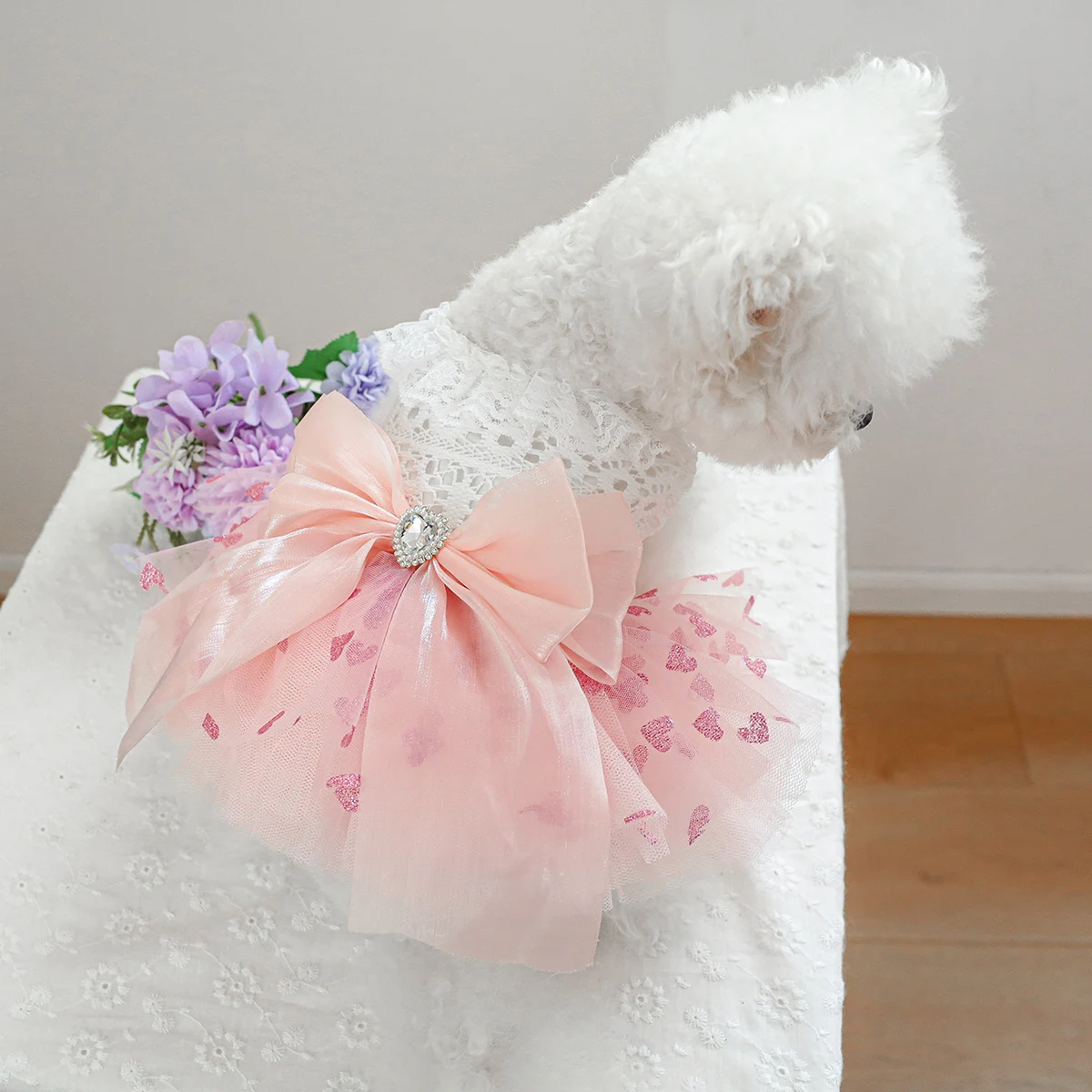 1PC Pet Clothes Spring and Autumn Pink Heart Fluffy Dress Wedding Dress Princess Dress Suitable for Small and Medium sized Dogs