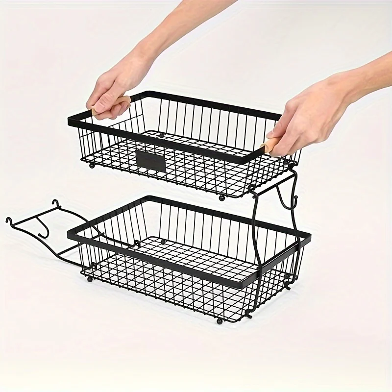 

2-Tier Metal Fruit Basket with Banana Hooks, Durable Black Wire Storage Rack for Kitchen Countertop, Multi-Functional Storage