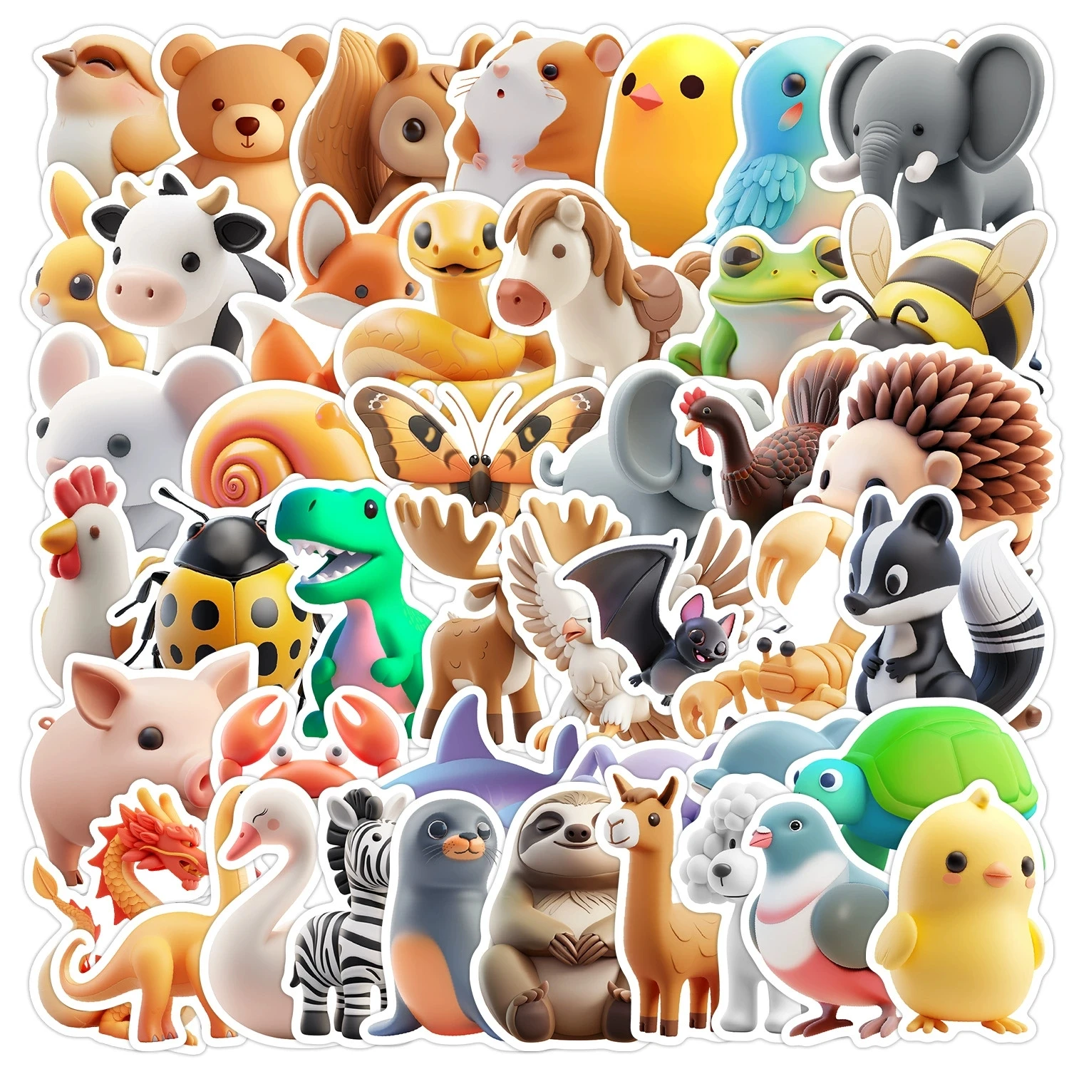 50 Pcs 3D Animal Graffiti Stickers Cartoon Waterproof Vinyl Decals for Laptop Luggage Phone Case Journal Gift