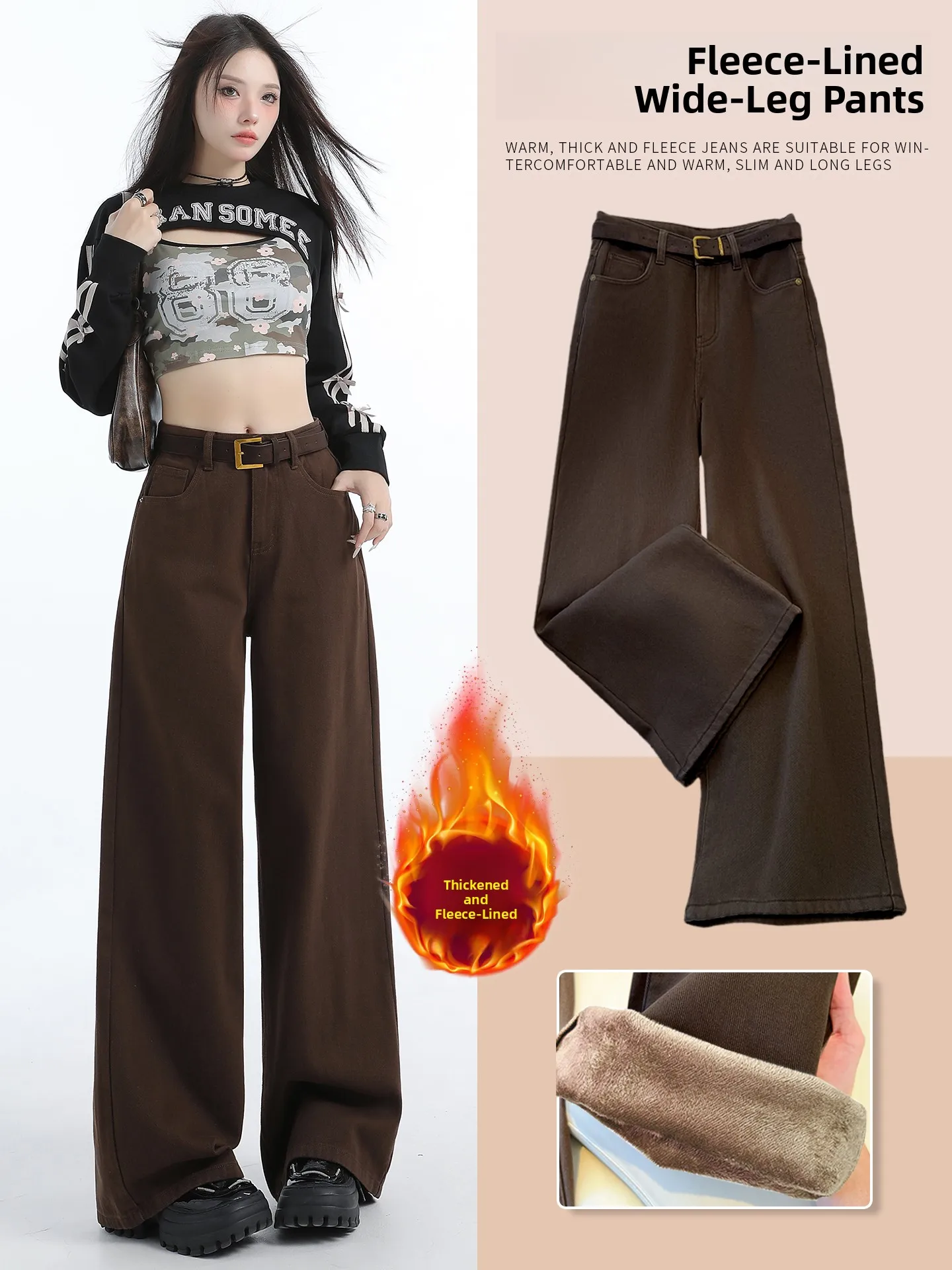 

Women's Fleece Lined Thick Wide Leg Jeans Straight Cut Brown Denim Pants Autumn Winter High Waist Casual High Temperature Res...