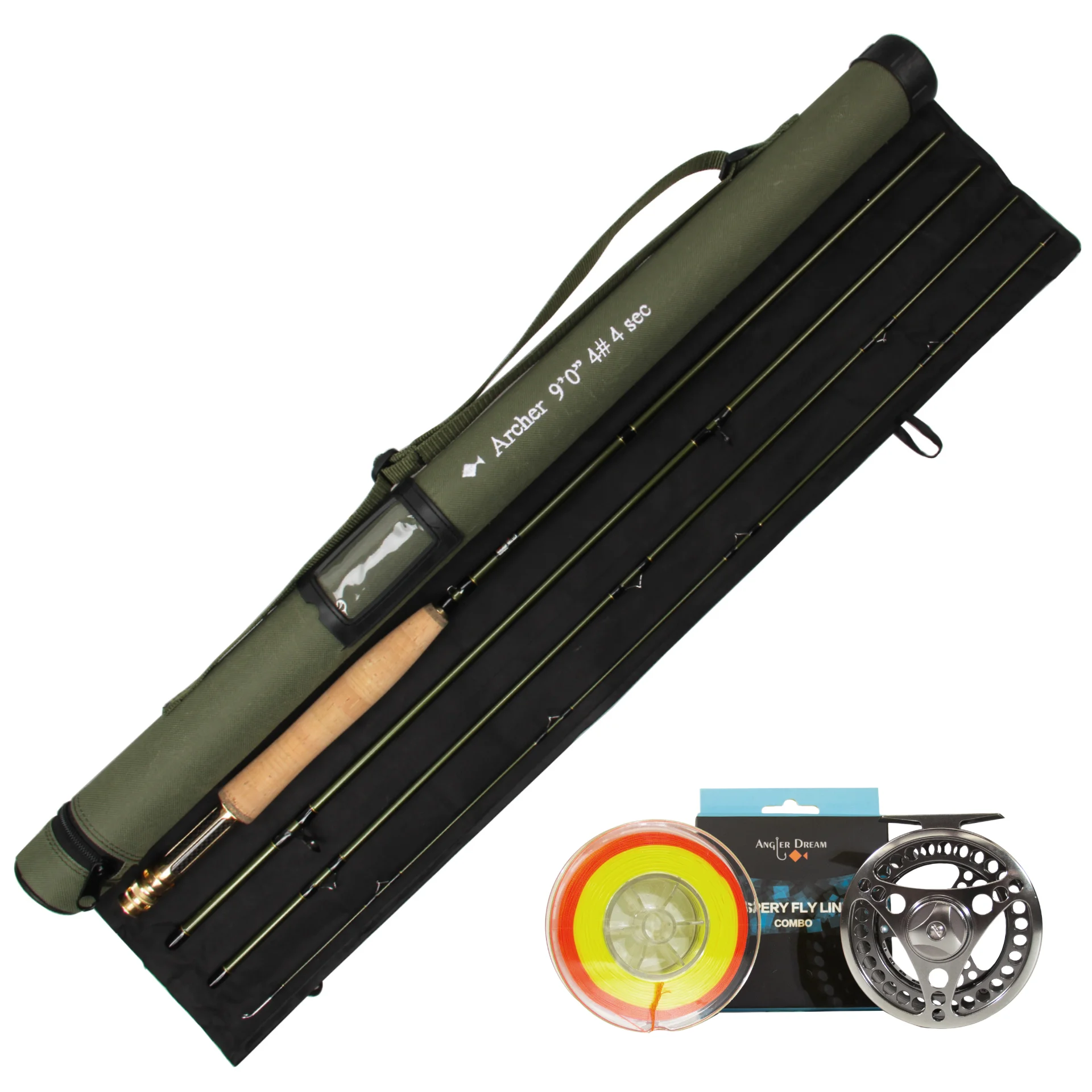 9FT 4WT 4Pieces Carbon Archer Fly Fishing Rod & 3/4WT Gunsmoke Yellow Reel Combo Green Fly Rod Graphite 10 / 36T Carbon Fiber