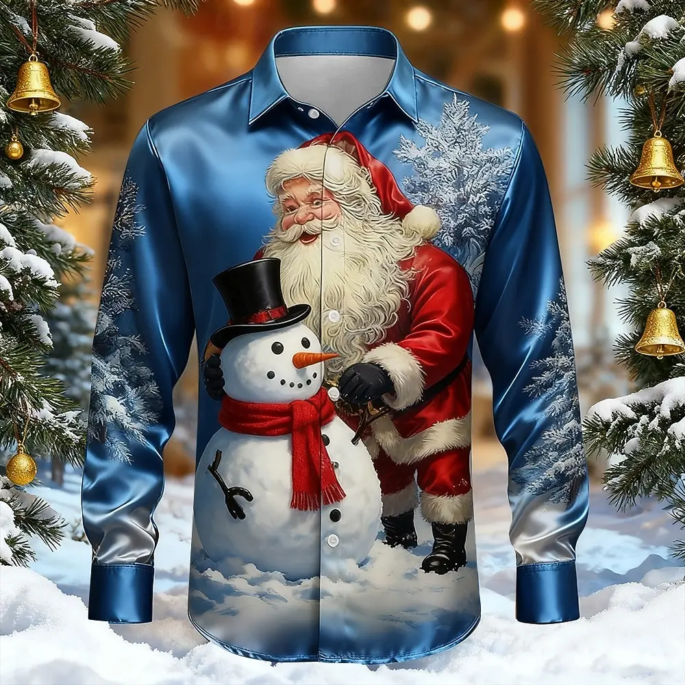 Men Turn‑Down Collar Long Sleeve Button‑Up Shirt Santa Snowman Snowflake Print Winter Xmas Party Top