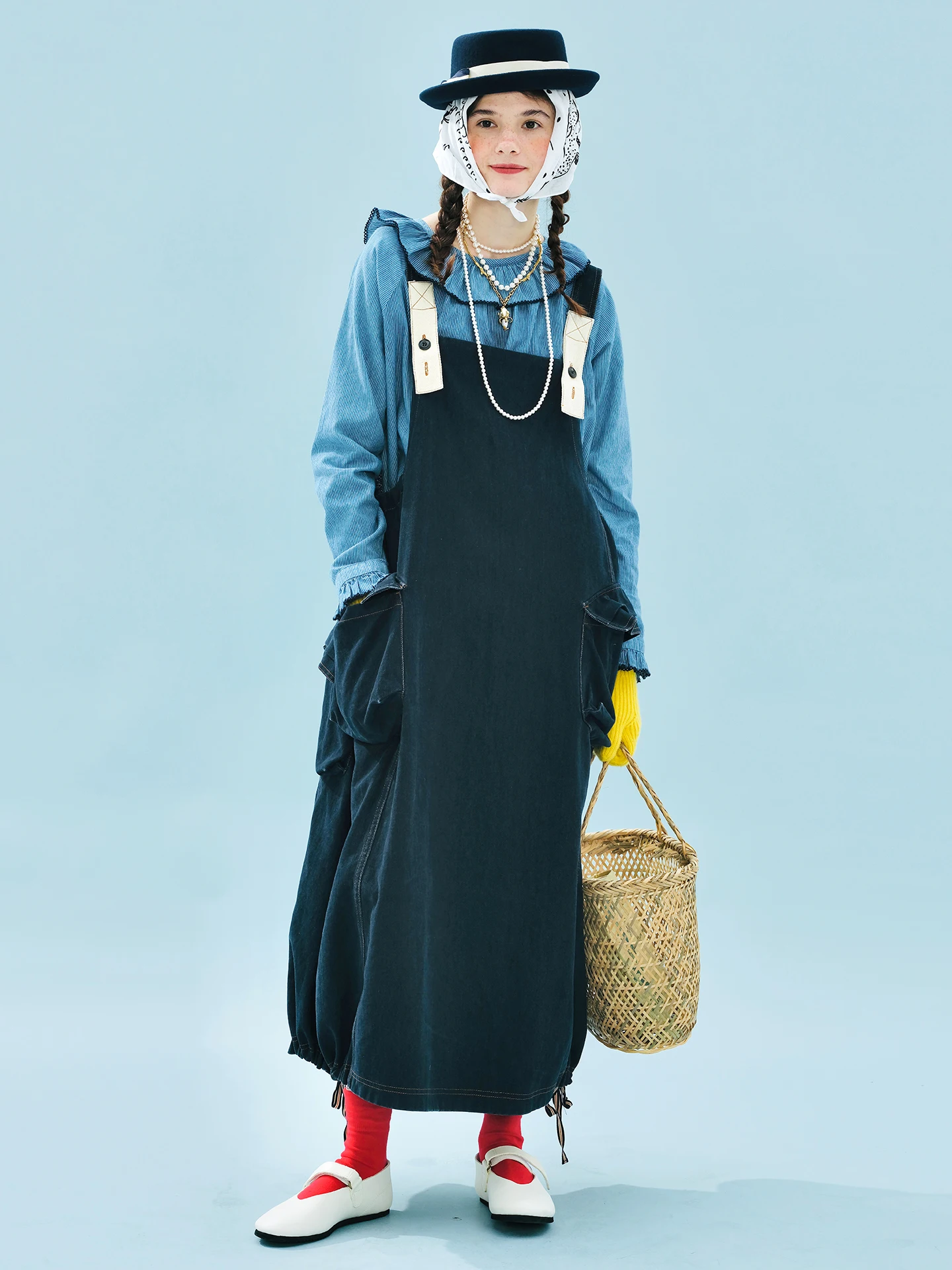 imakokoni 2025 Autumn Retro Blue Blouse | French-Style Ruffled Pullover with Long Sleeves for Women 255232