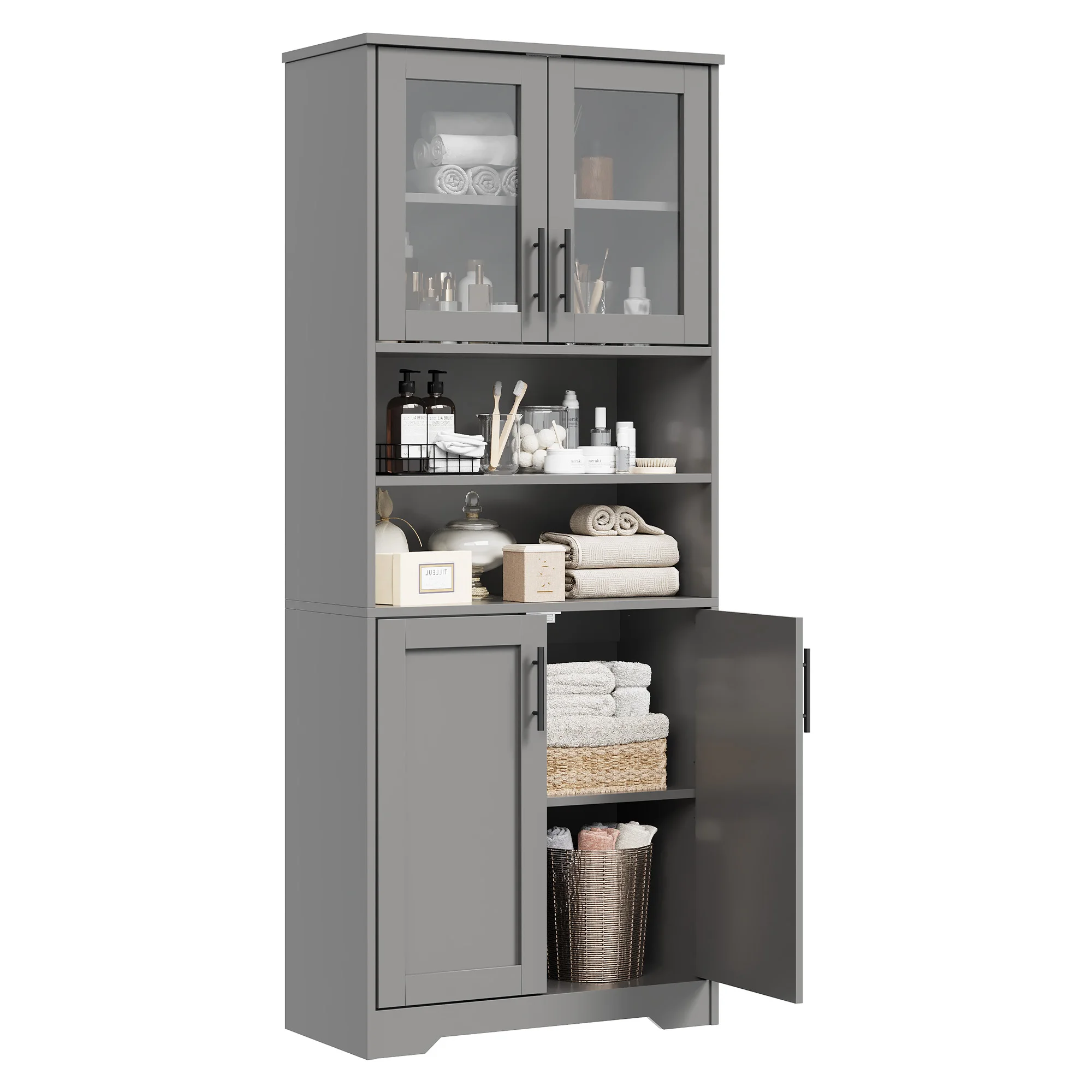 Spacious Freestanding Storage Cabinet - Tall Cupboard with 4 Doors, Glass Accents, Adjustable Shelves, Multipurpose for Bathroom, Kitchen, Pantry, Laundry, Living Room, Gray/Antique White/Black/Brownish Red