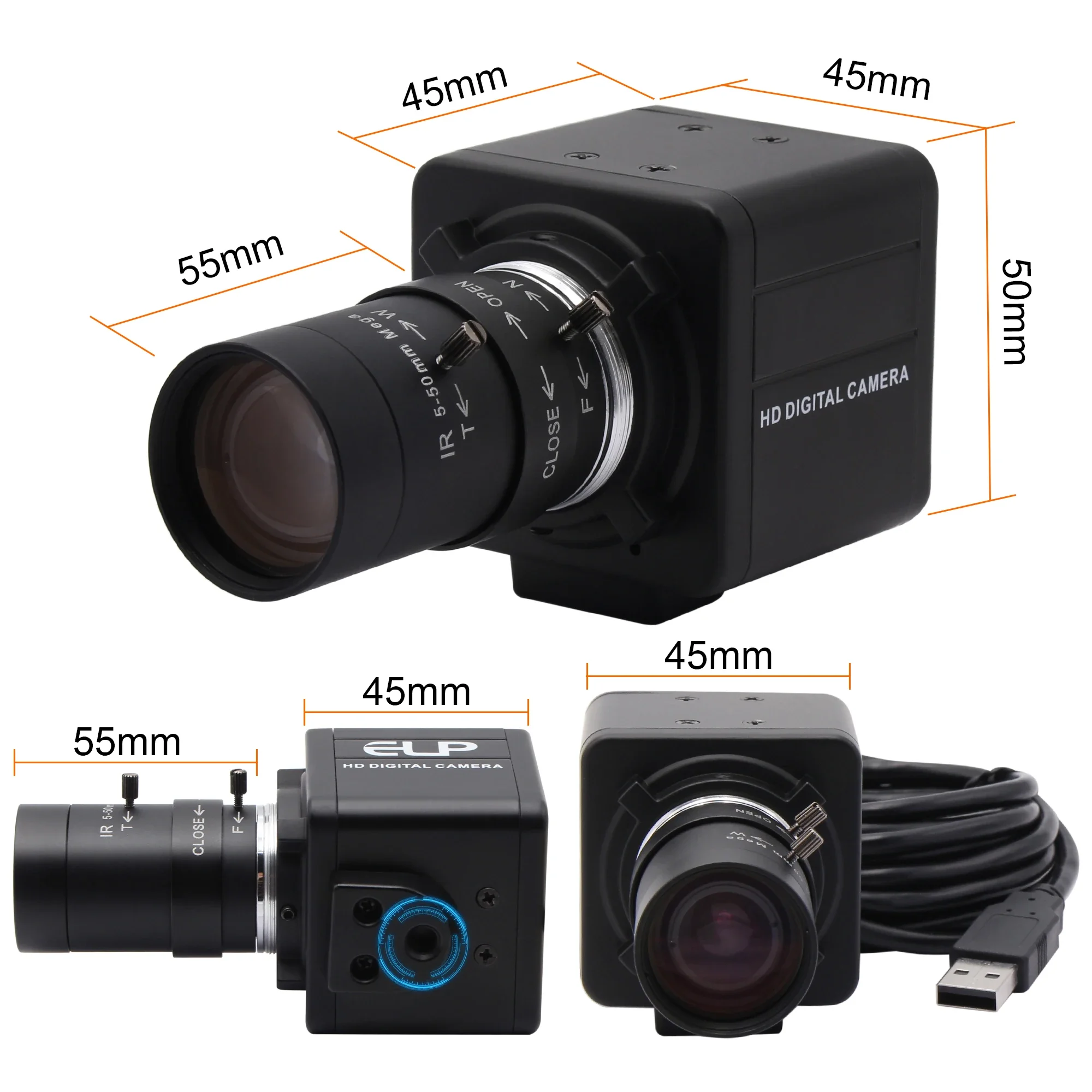 ELP 3MP WDR USB Webcam 10X Optical Zoom Webcam with 5-50mm Manual Zoom Varifocal Lens,Close Up USB Video Surveillance Camera