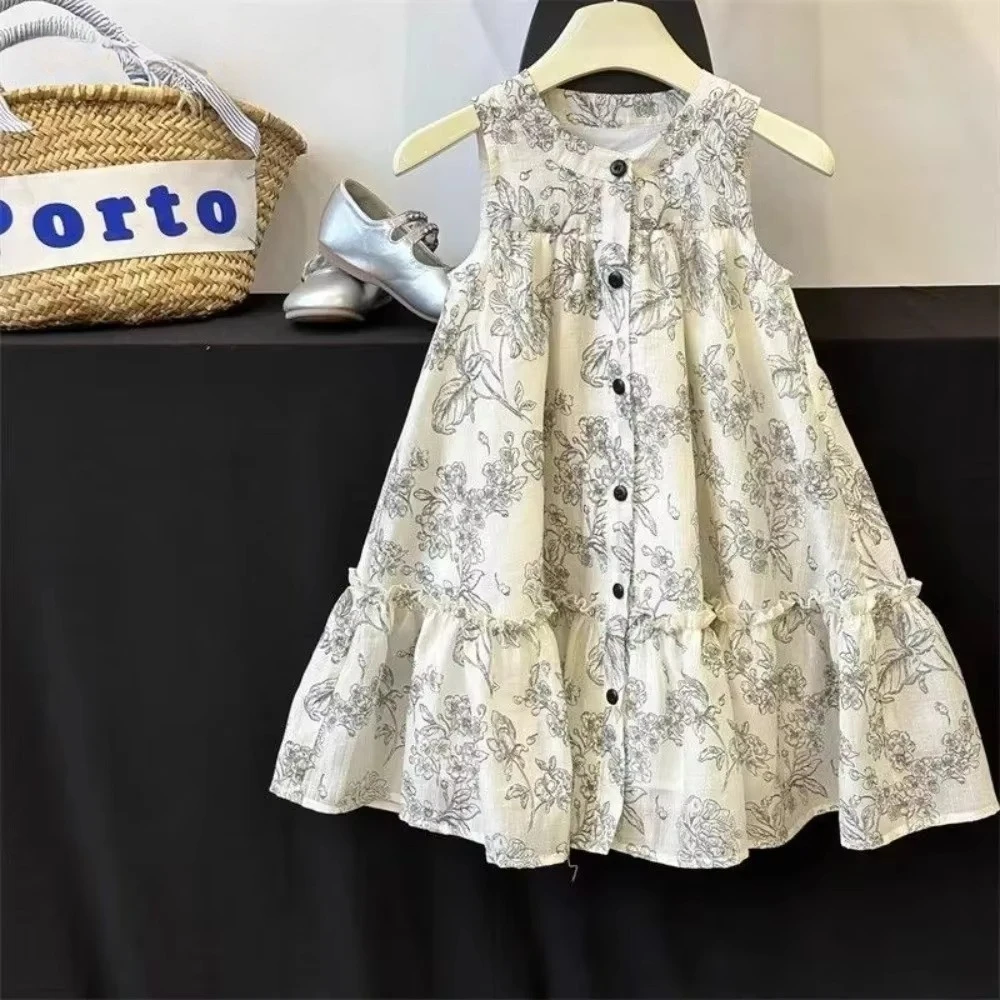 4-7 Years Baby Girl Dresses Summer New Print Round Neck Sleeveless Kids Dress Single Breasted Plain Colour Children's Clothing