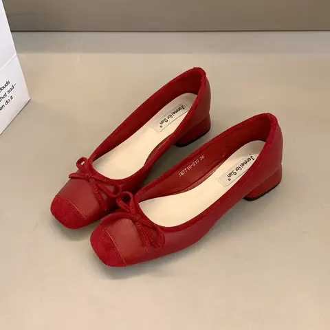 Ballerines rouges élégantes pour femmes, escarpins à enfiler, mocassins ronds, Parker, talons carrés, nœud papillon, décontracté, printemps, automne, chaussures à talons bas, mode