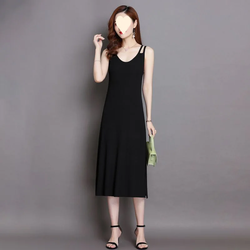 

Belly-Covering Ice Silk Suspender 2024 New Spring Summer Sleeveless Vest Knitwear Split Long Dress