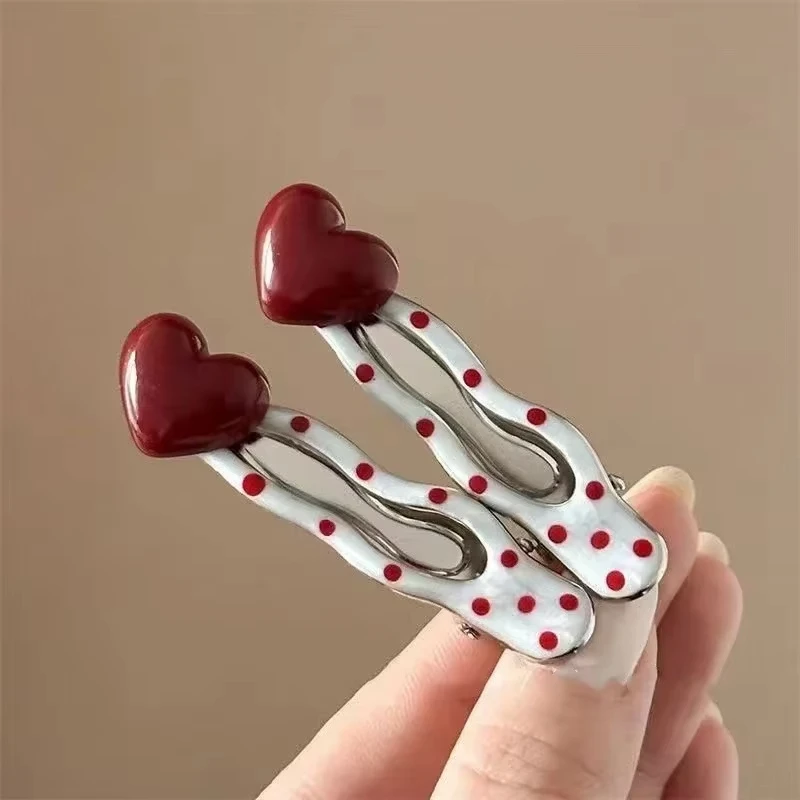 جديد الكورية الأحمر القلب الكرز البولكا مشبك شعر الحلو لطيف الجانب دبوس الشعر إكسسوارات الشعر للنساء الفتيات الهدايا #4