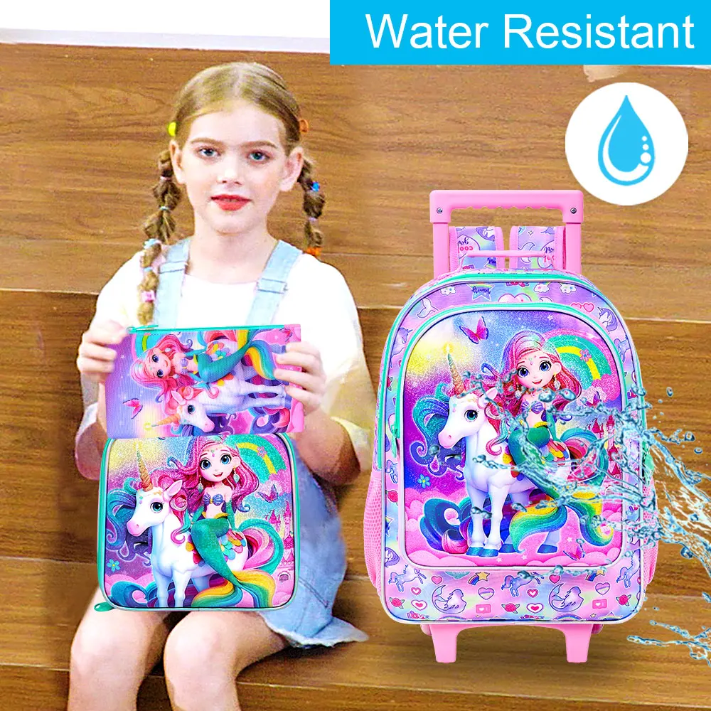 3PCS Tas Ransel Beroda untuk Anak Perempuan, Tas Sekolah Beroda dengan Tas Makan Siang - Unicorn dan Putri Duyung