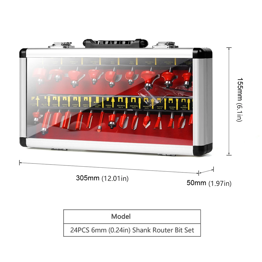 24pcs Woodworking Milling Cutter 6mm Shank Trimming Machine Fillet Chamfer Slotting Cutter Router Bit Set Carpentry Accessory