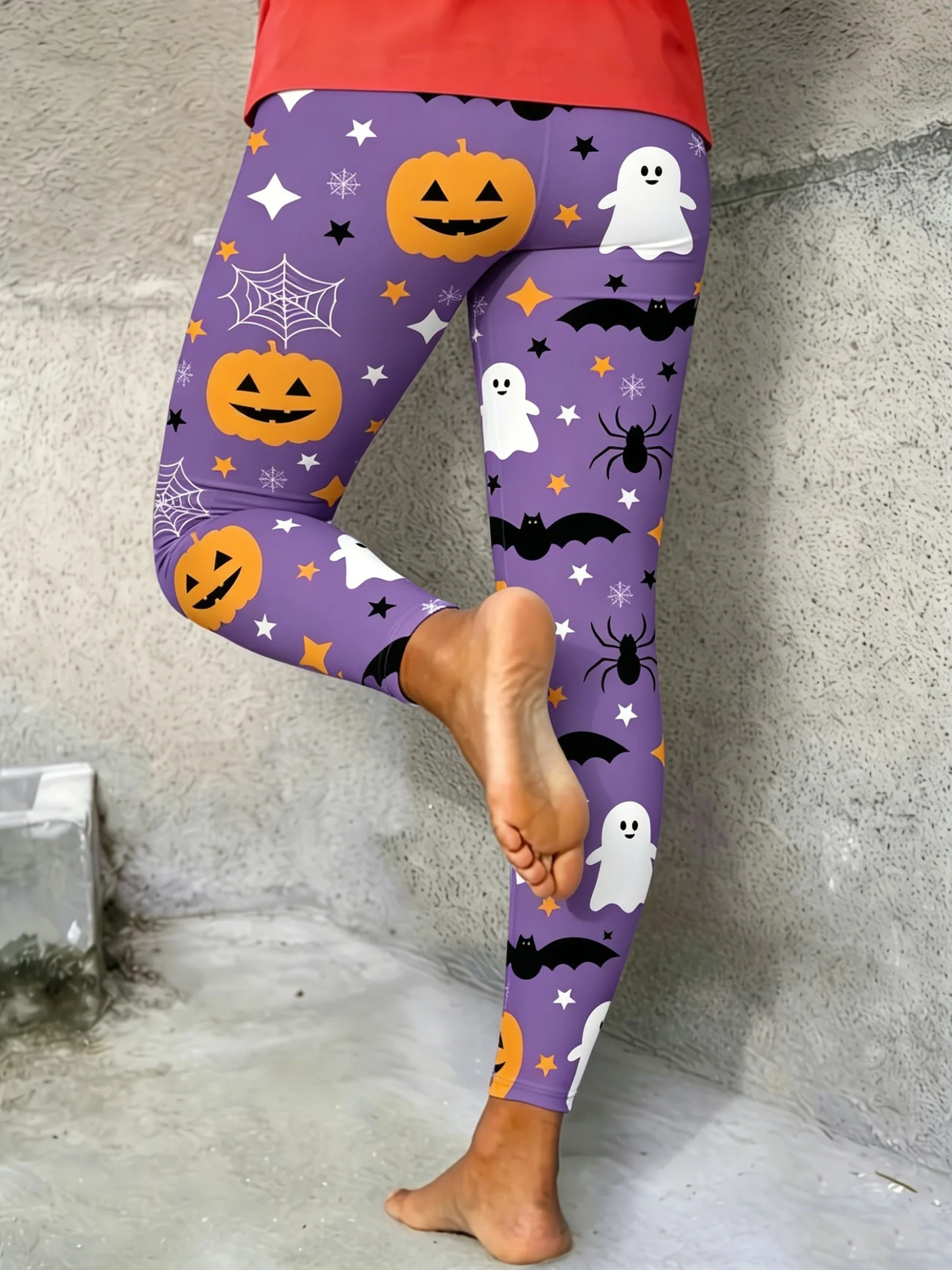 Women's Mid‑Rise Fleece Lined Leggings Halloween Pumpkin Ghost Bat Print Stretch Warm Ladies Festival Casual Pants