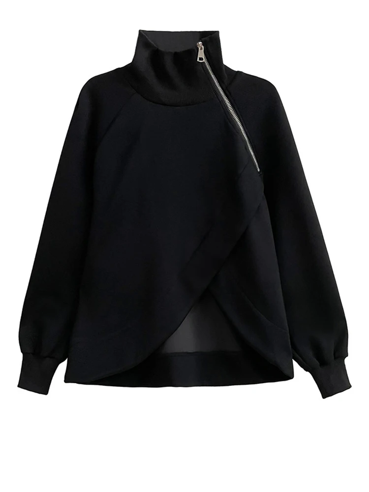 [EAM] Black Zipper Irregular Sweatshirt New Turtleneck Long Sleeve Women Big Size Fashion Tide Spring Autumn 2023 1DH7166