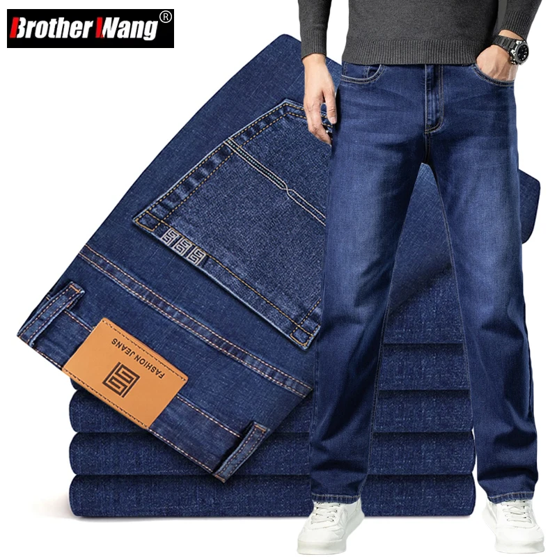 Plus Size 40 42 44 Autumn Loose Classic Blue Jeans Men's Business Casual Cotton Stretch Straight Denim Pants Male Brand Clothing