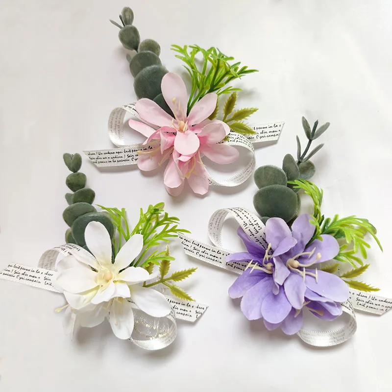 Rosa Orchidee Corsage Bouton niere Hochzeit Zubehör Knopfloch Männer Braut Brautjungfer Armband künstliche Blumen Abschluss ball Tisch dekoration