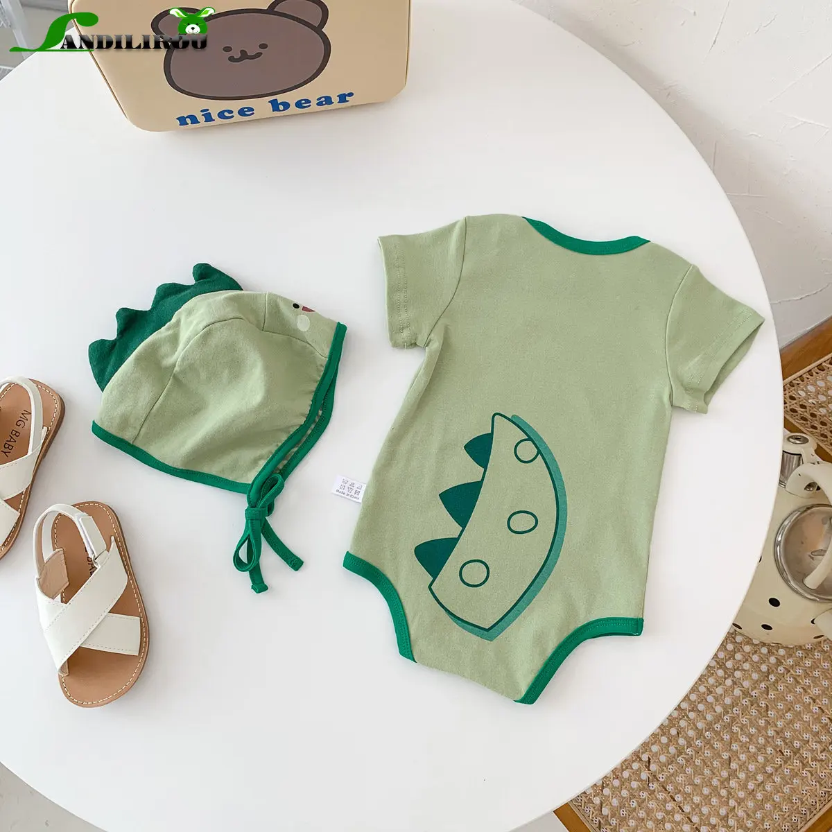 

New Clothing 2pcs Baby Dinosaur Bodysuit+hat Ins Newborn Summer Short Sleeve Wrap Fart Outfits Korean Creeper Set Kids Boys