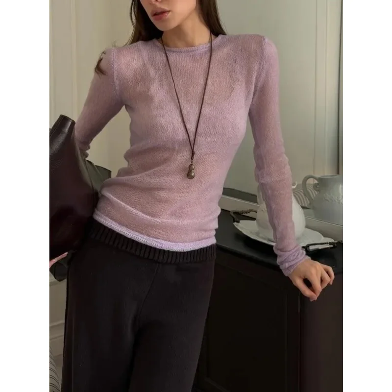 Women's Thin Knitted Sweater Spring and Summer Classic Solid O-neck Long Sleeve Elastic Knitted Shirt Fashion See Through Tops