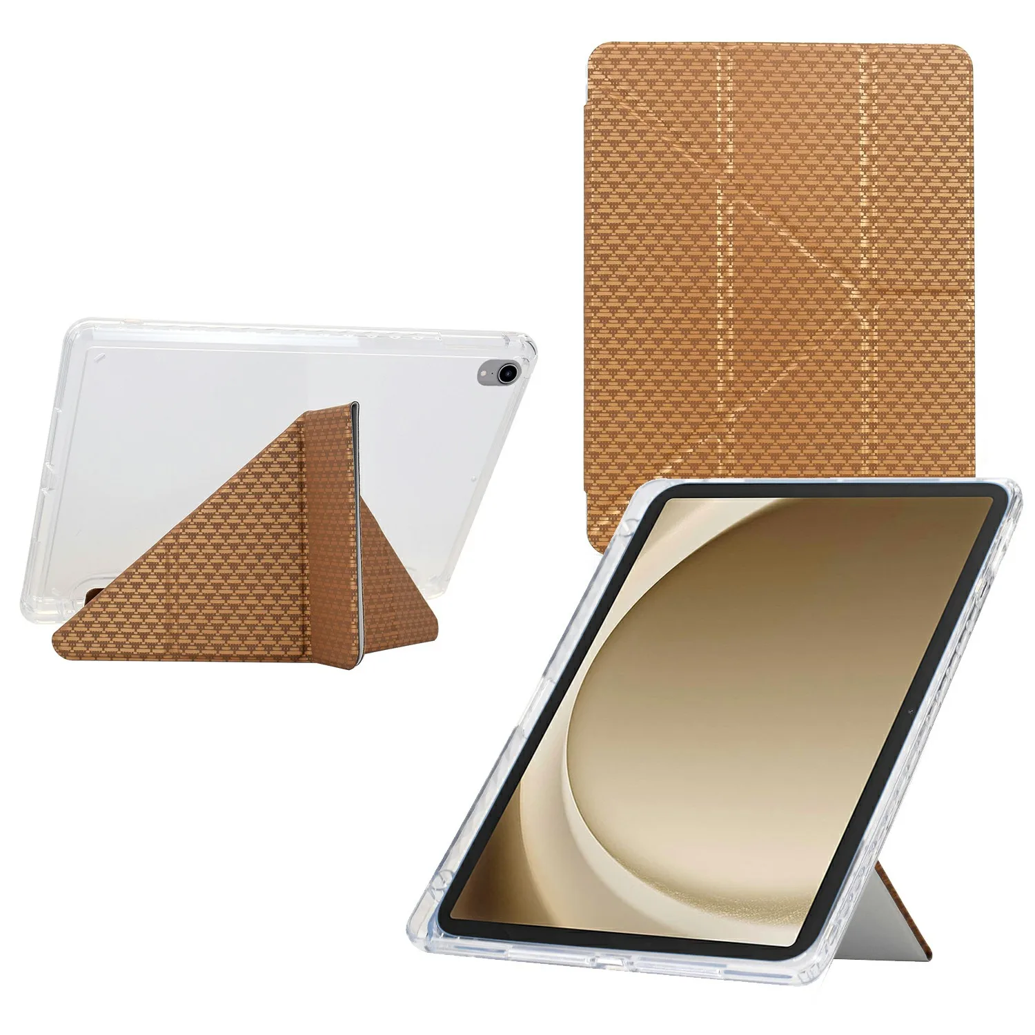 

For Samsung Galaxy Tab A9+ Case Y-Fold Stand Pyramid-Patterned Leather + Clear Acrylic Tablet Cover with Pencil Holder - Gold