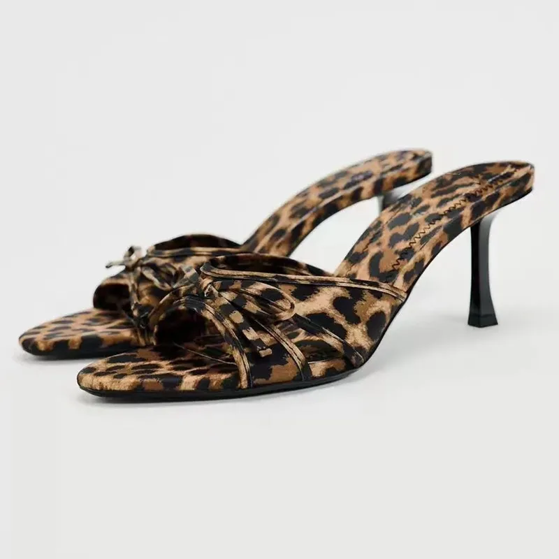 

Summer New One-strap Back Empty Female Drag Bow Decorated Leopard Print High Heels Printed High-heeled Sandals Slippers