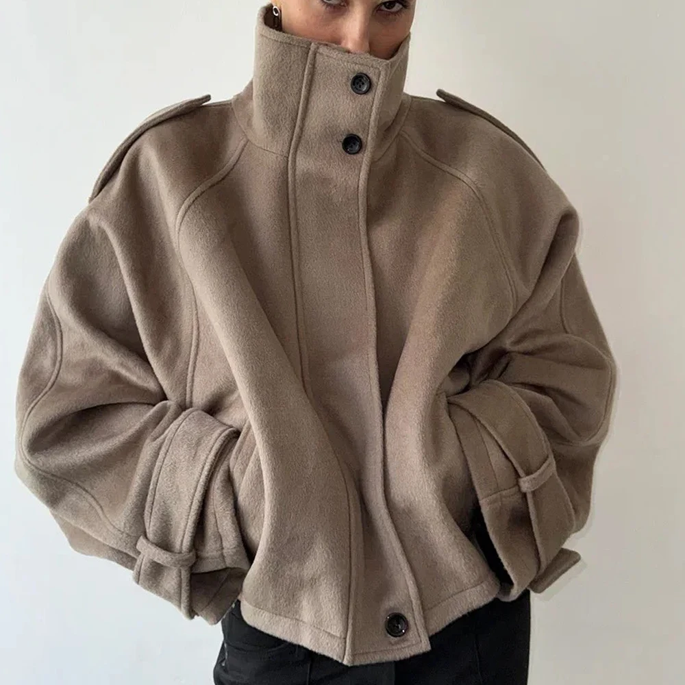 2025 NEW Autumn Fashion Casual Solid Loose Jackets Women Full Sleeve Single Breasted Stand Collar Short Coats Lady Outwears