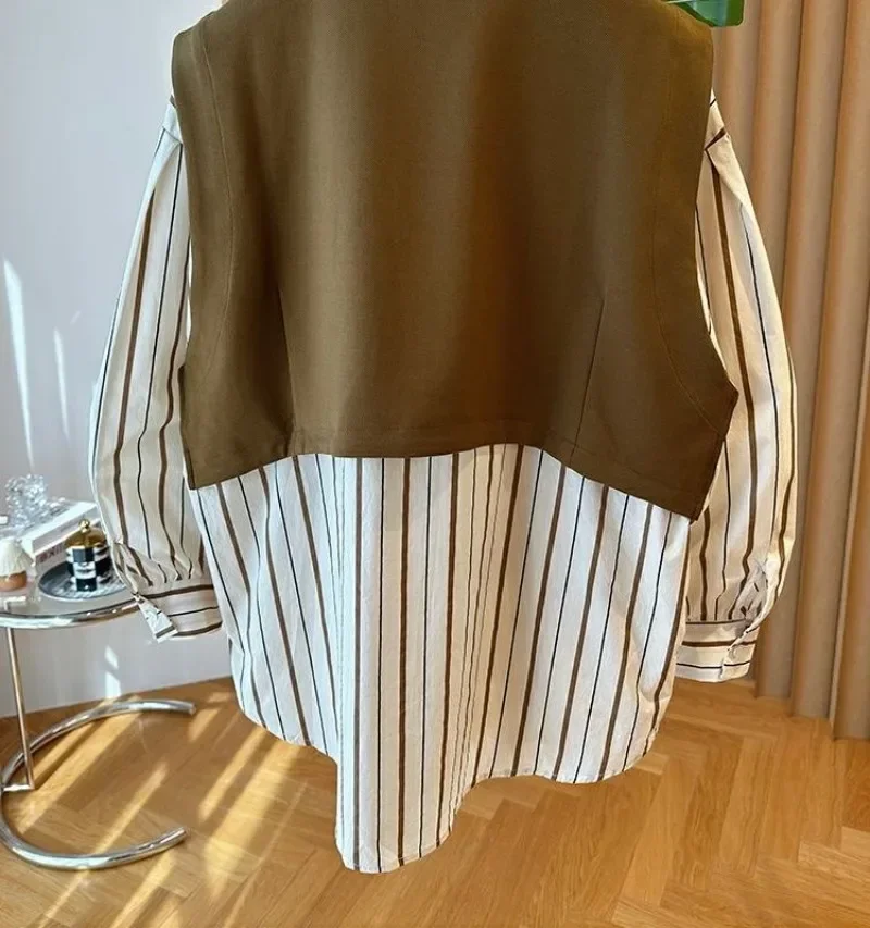 Chaleco Casual holgado De retazos falso dos camisas con cuello en V Blusas Mujer De Moda 2024 otoño nueva camisa a rayas chaqueta Vintage Tops