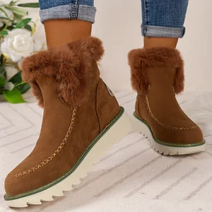 Women's Trendy Solid Color Thermal Round Toe Flat Snow Boots Casual Versatile Non Slip Wear Resistance Fall Winter Warm Shoes