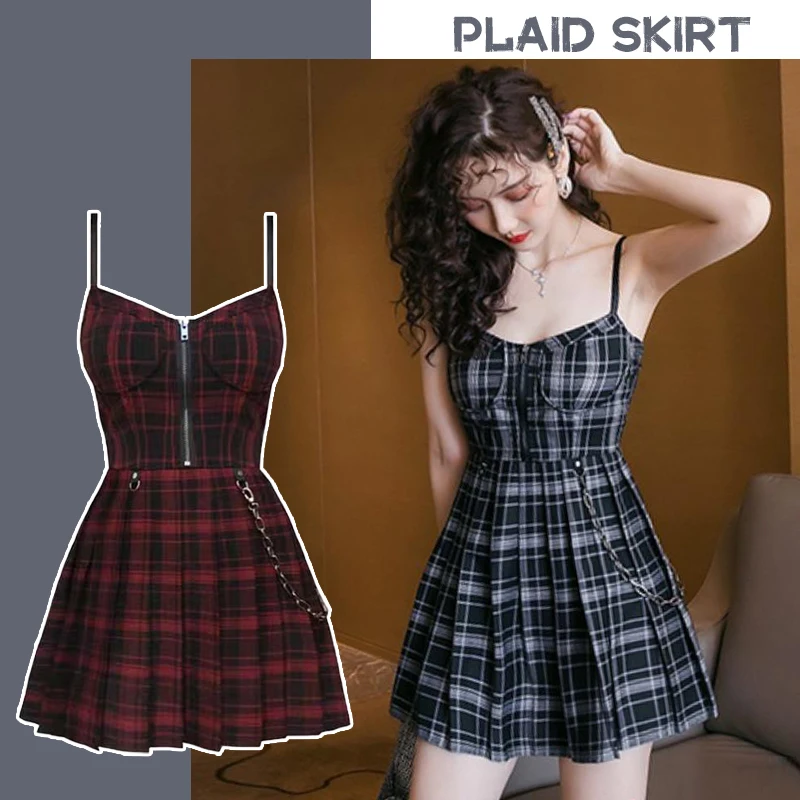 

Spring Autumn Preppy Style Gothic Style Sexy Sling Dress Women Grey Balck Pleated Plaid Sleeveless Mini Short Dresses