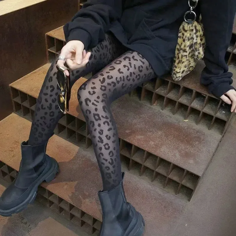 Women Sexy Thin Transparent Silky Pantyhose Gothic Black Sexy Vintage Leopard Animal Pattern Sheer Tights Seamless Stockings