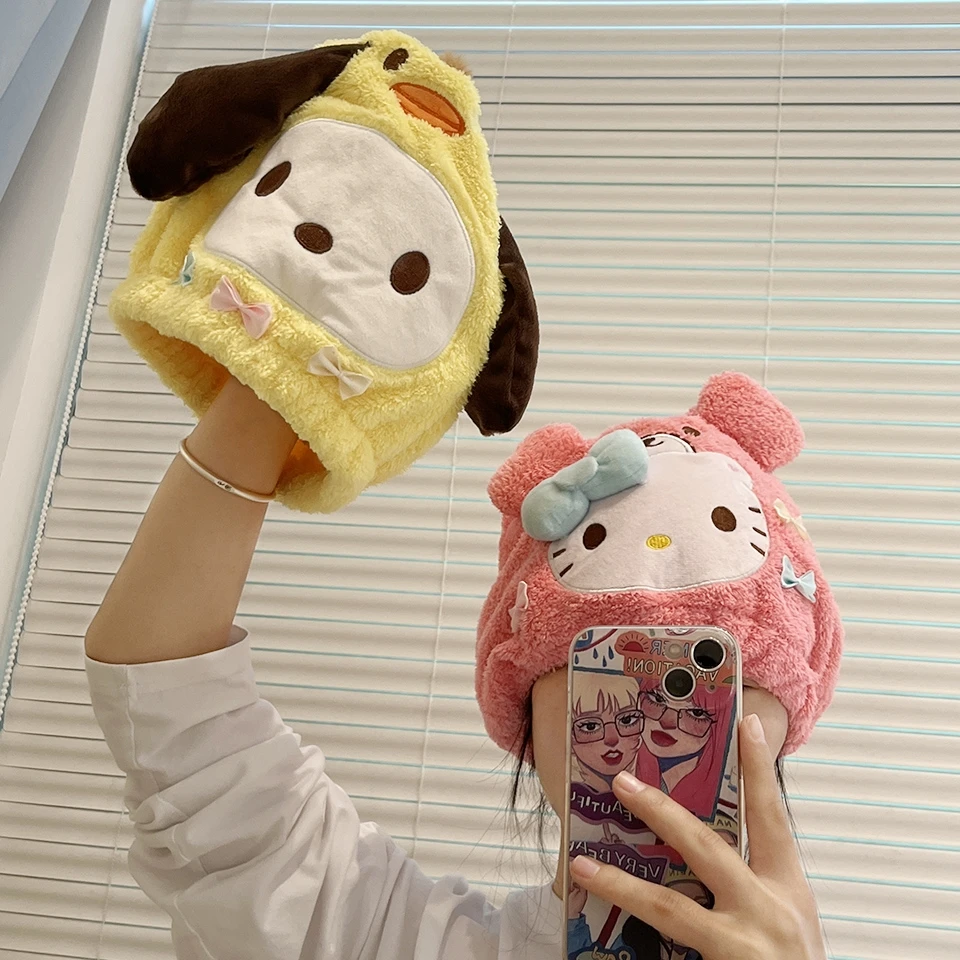 Cute My Melody Kuromi Dry Hair Cap Pom Pom Purin Long Hair Quick-Dry Hair Towel Women Girl Japanese Style Hair Twist