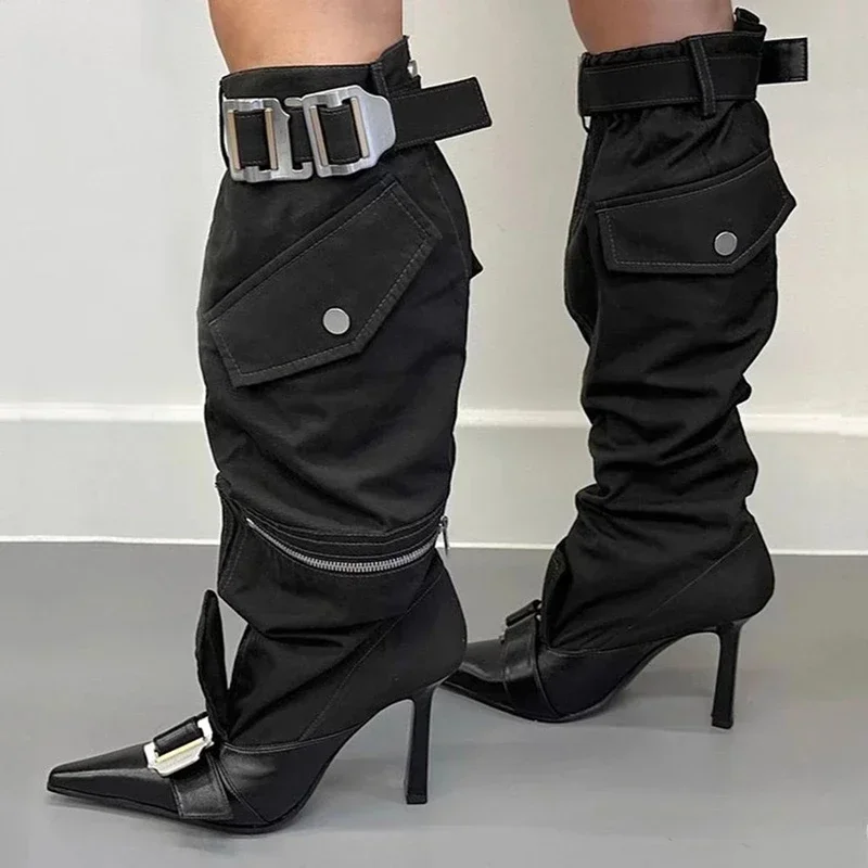 Belt Buckle Motorcycle Cowboy Spicy Girl Knee Length Boots Women's 2024 Winter New Pocket Workwear High Heel Knight Long Boots