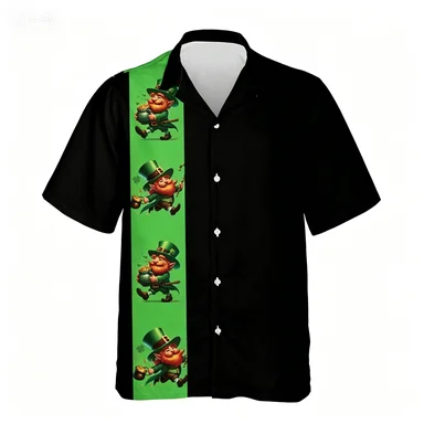 Small Niche Color Blocking Cartoon Elf Short Sleeved Shirt for Men's Irish Themed Party Trend Versatile Shirt