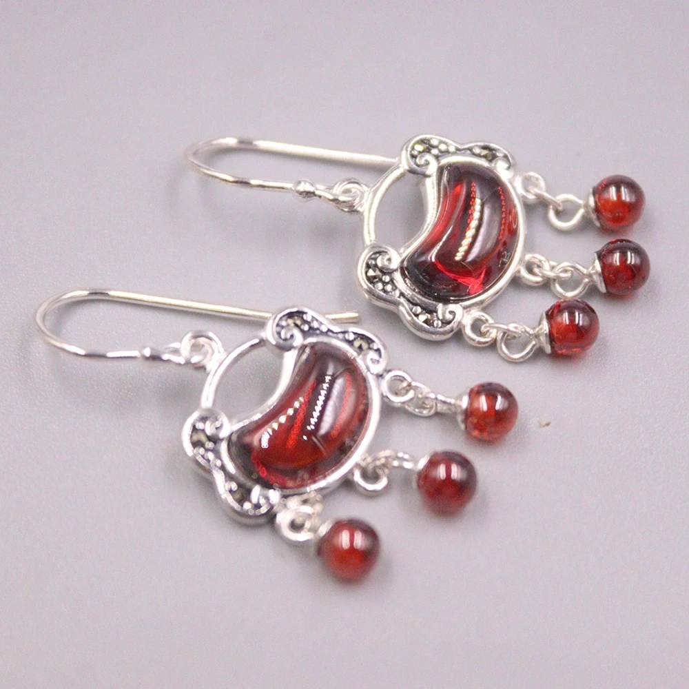 

Real Solid 925 Sterling Silver Dangle Women Lucky Red Garnet Lock Bag Bead Tassel Earrings