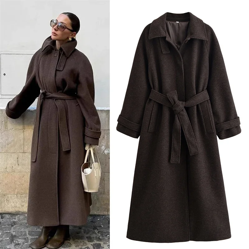 

Women's Coat 2025 Winter New Style Dark Brown Long-Sleeve Belted Loose-Fit Long Woolen Coat Fashionable and Stylish