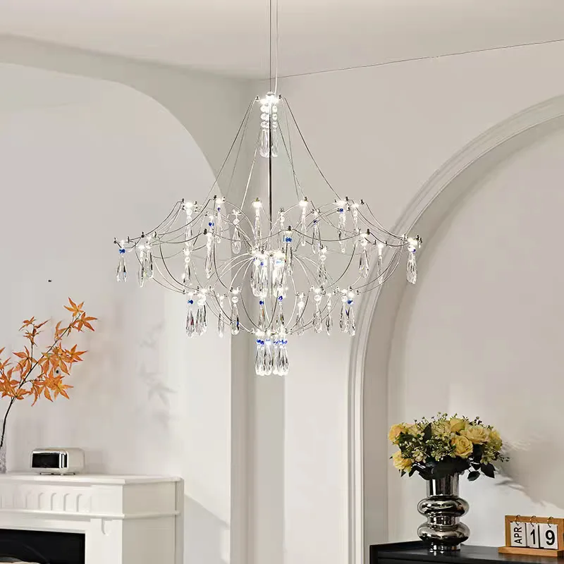 Industrial Wind Duplex Living Room Firefly Lamp Drop Crystal Chandelier Villa Hotel Special-shaped Stainless Steel LED Lighting