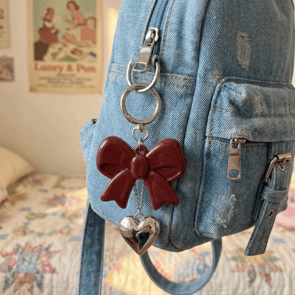 Acrylic Red Bow Keychain Circle Clip Sweet Bag Charm Bag Hanging Ornaments Silver Heart Purse Accessory Valentine's Day