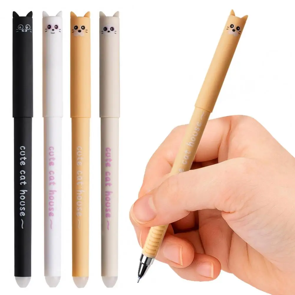 

4Pcs Cute Cat Gel Ink Pen Erasable Gel Pens 0.5mm Retractable Clip Pens with Eraser Tips Kawaii Cartoon Writing School Supplies