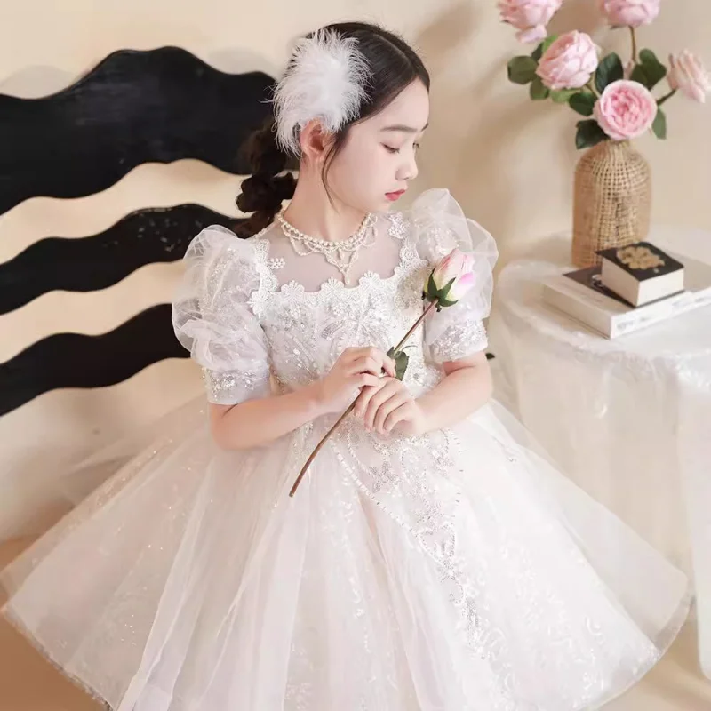 

Детское модное пышное свадебное платье принцессы на день рождения для девочек, костюм для выступлений на фортепиано с цветочным узором для девочек