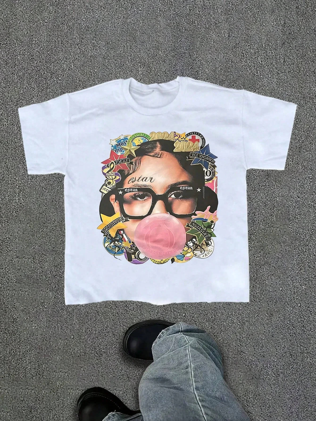 

Y2K Style Fashion Star Pattern T-Shirt Harajuku Hip-Hop Street Clothing Retro Letter Print Round Collar T-Shirt Unisex