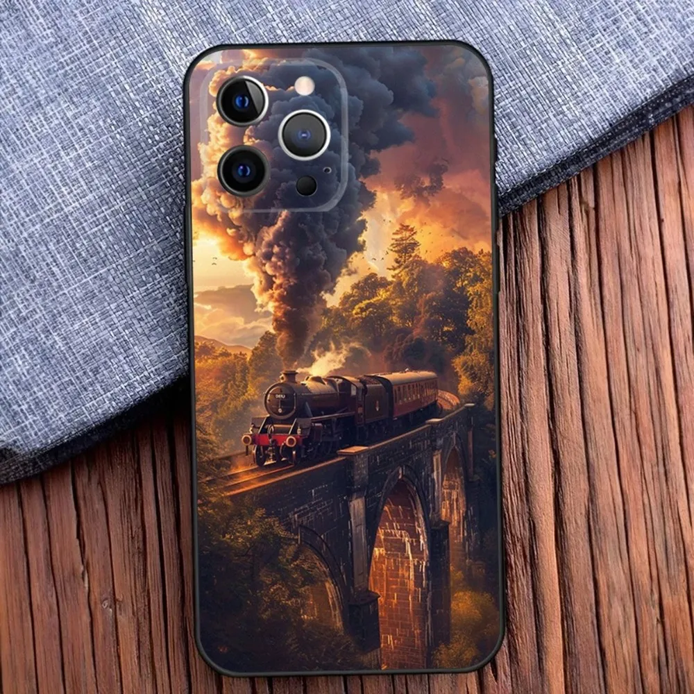 Classic Steam Train Railway Phone Case For iPhone 16,15,14,13,12,11,Pro,X,XS,Max,XR,Plus,Mini Black Soft Silicone Case image 4