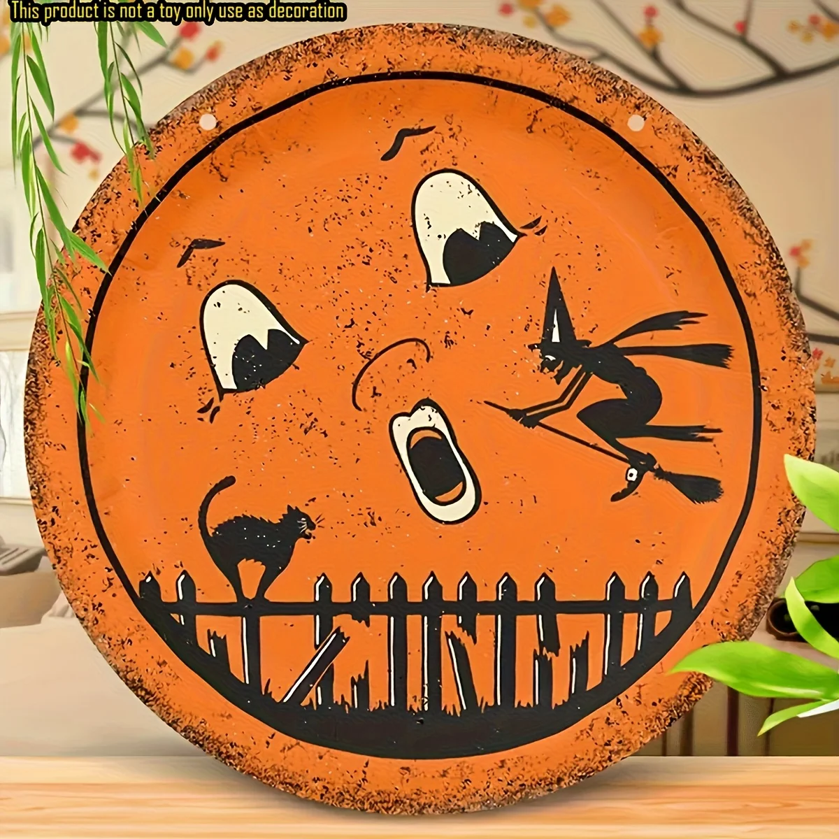 1 Stück 2D flaches rundes Halloween-Holzschild – Geisterhexe, schwarze Katze und Vollmond – Halloween-Dekoration, keine Strom erforderlich – sjs