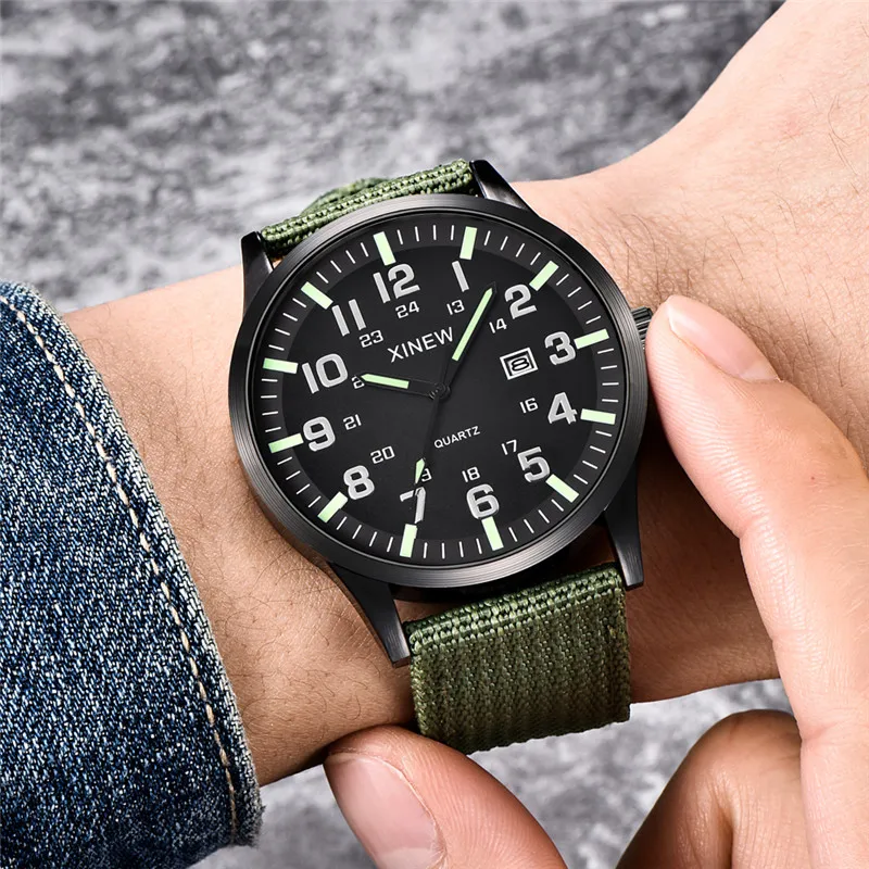 Men XINEW Brand Watches Students Kids Fashion Casual Nylon Band Simple Military Sports Date Quartz Watch Green Montre Homme 2024