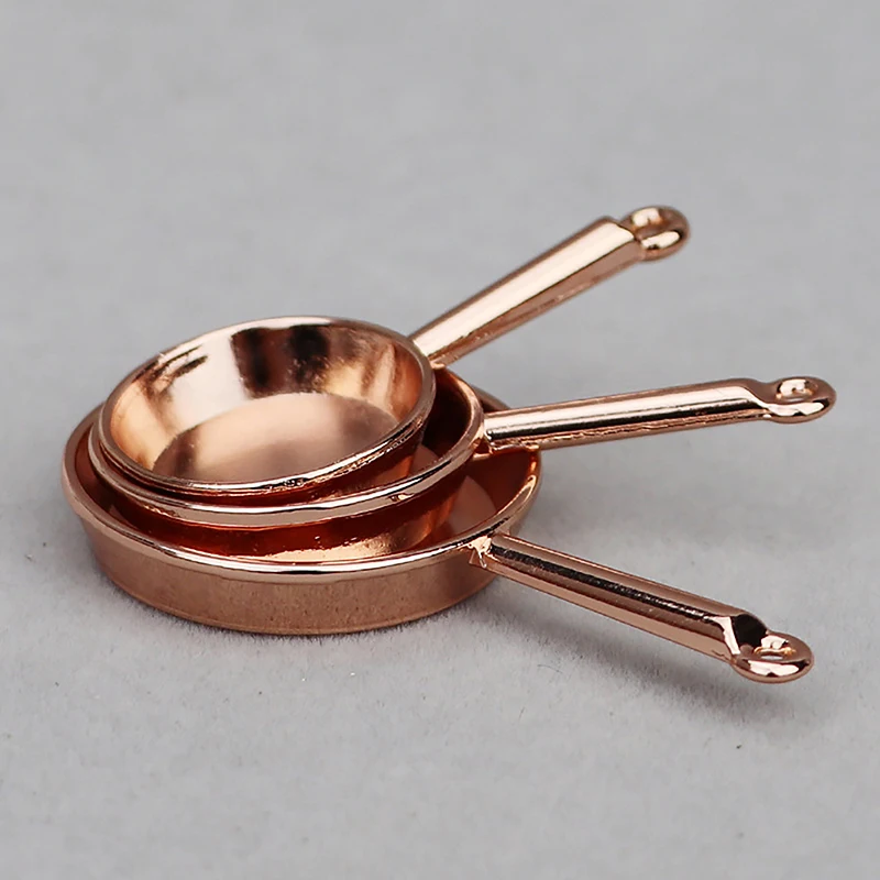 Sartén en miniatura para casa de muñecas, utensilios de cocina de Metal, modelo de juguete, Escena de cocina, accesorios de decoración, 1:12, 3 piezas por juego