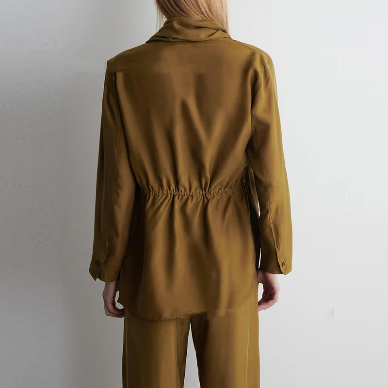 새틴 솔리드 하이웨이스트 출퇴근 정장 우아하고 편안한 가을 투피스 세트 패션 브이넥 긴팔 상의와 바지 세트