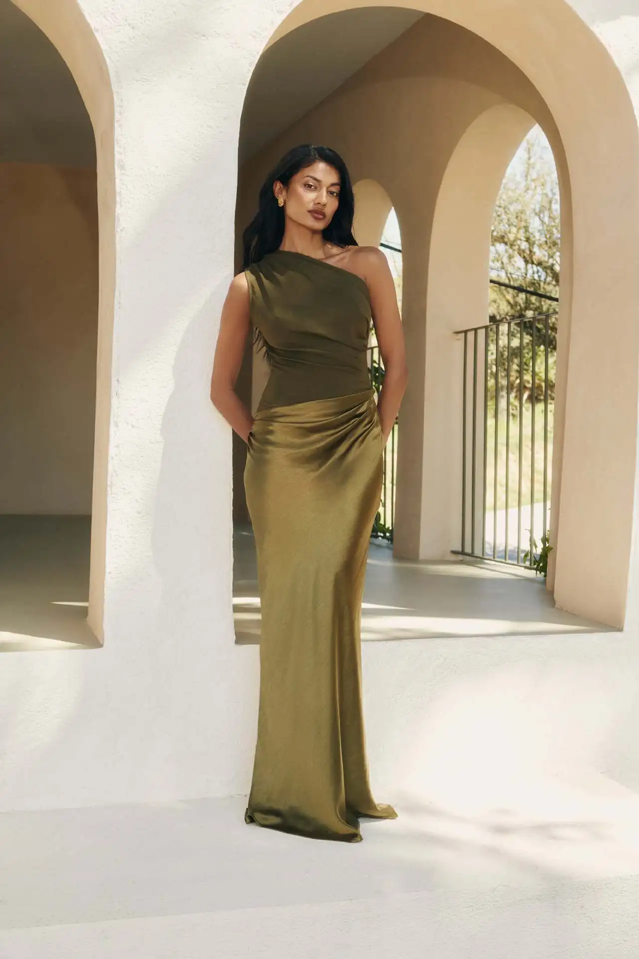 Elegant One-Shoulder Patchwork Satin Maxi Dress Women Sleeveless Ruched Slim Long Dresses 2026 Wedding Guest Evening Party Robes