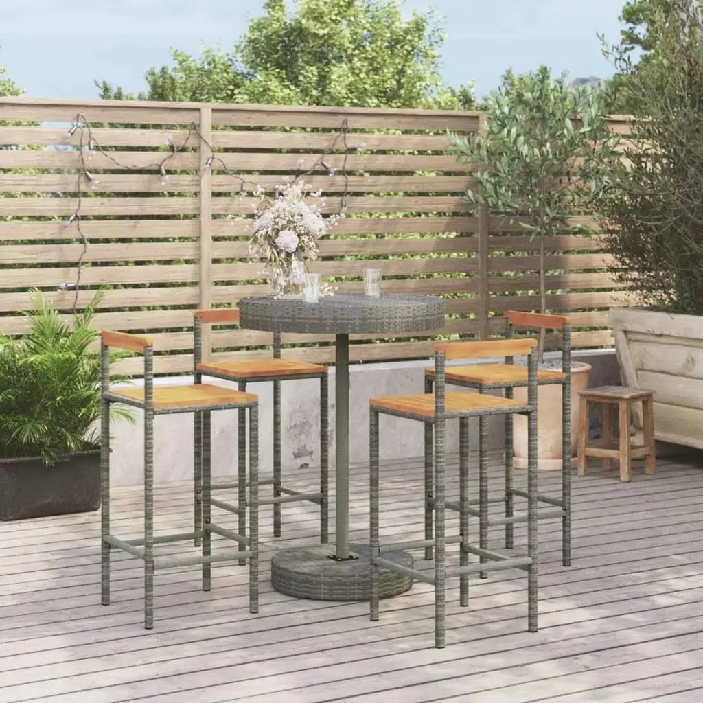 5-Piece Gray Poly Rattan & Acacia Wood Patio Bar Set - Stylish Outdoor Furniture