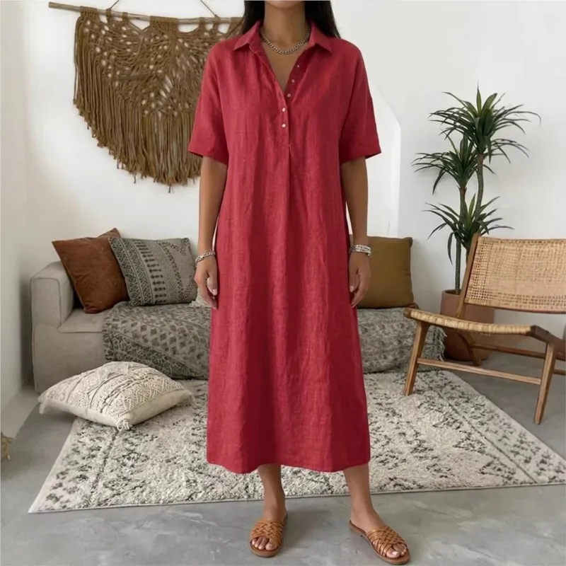 

Lapel Half-breasted Short-sleeved Casual Straight Casual Commuter Dress Womens Summer Camping Versatile Outdoor Daily Long Dress