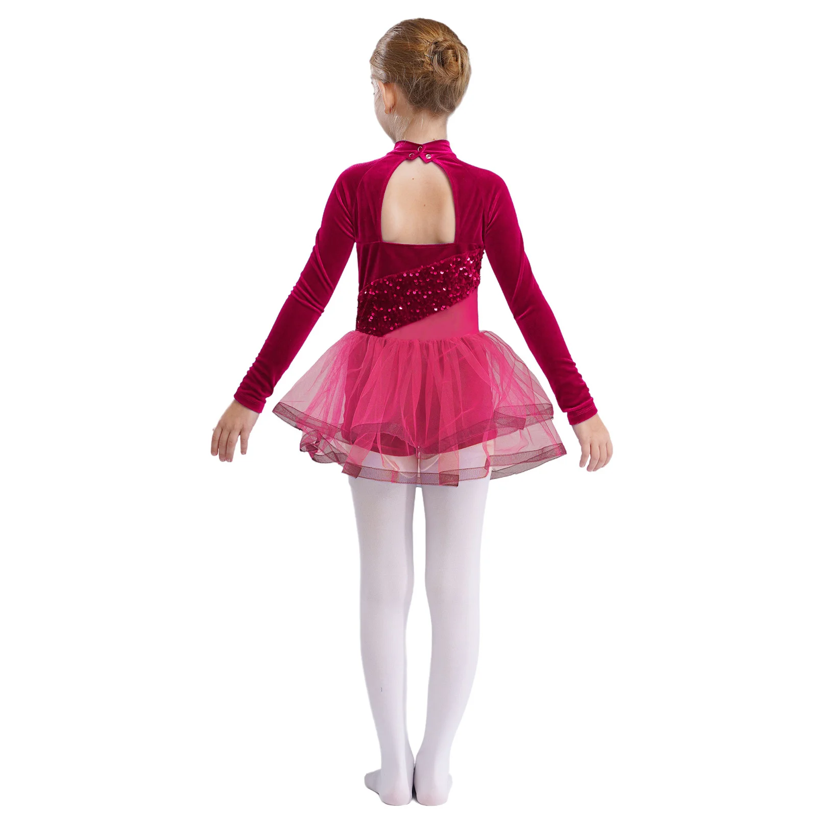 Kids Girls Sparkling Sequins Cutout Velvet Ballet Tutu Dress Long Sleeve Gymnastics Skating Costume Ballet Lyrical Dance Dresses